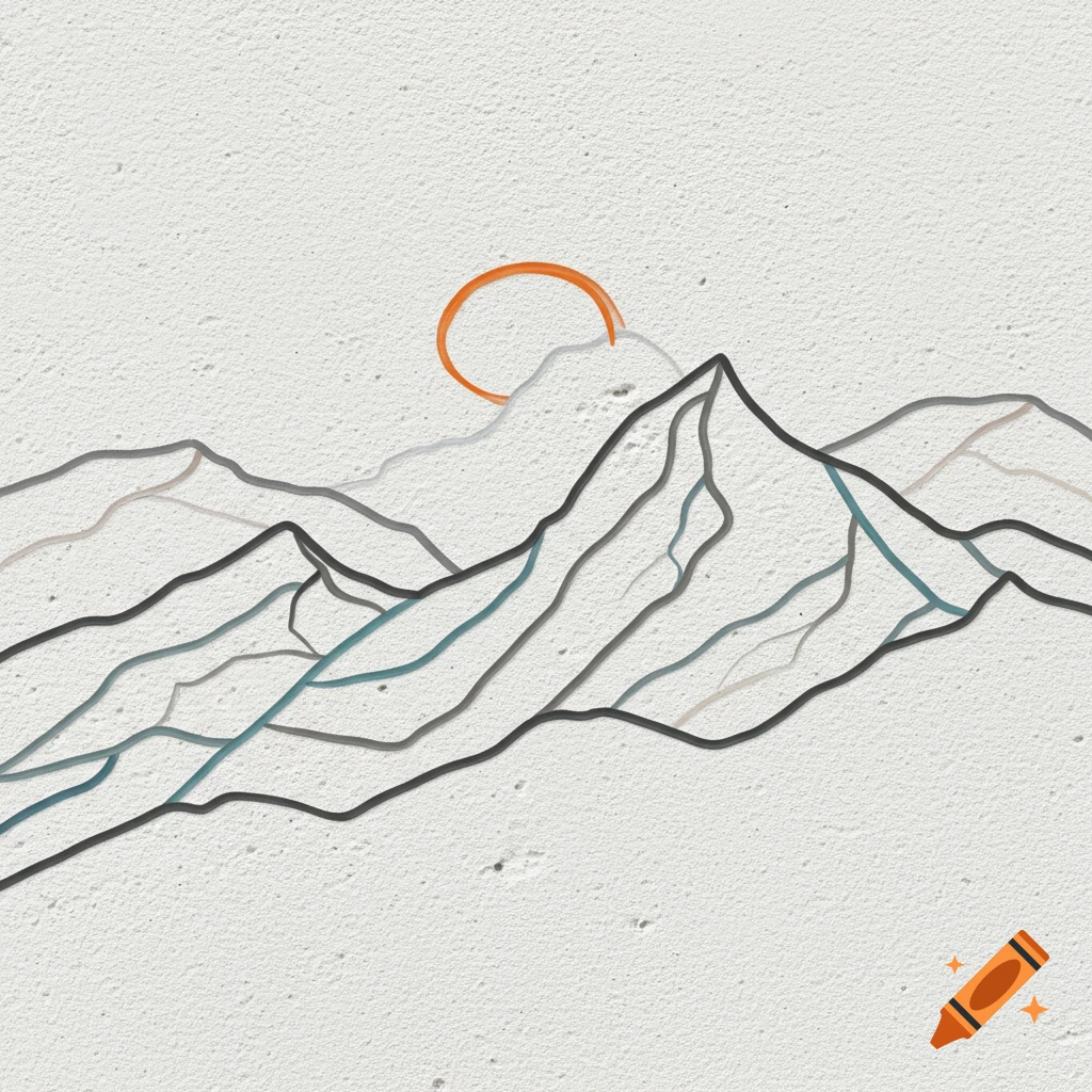 Abstract line art of mountains with an orange sun on a textured white plastered wall.