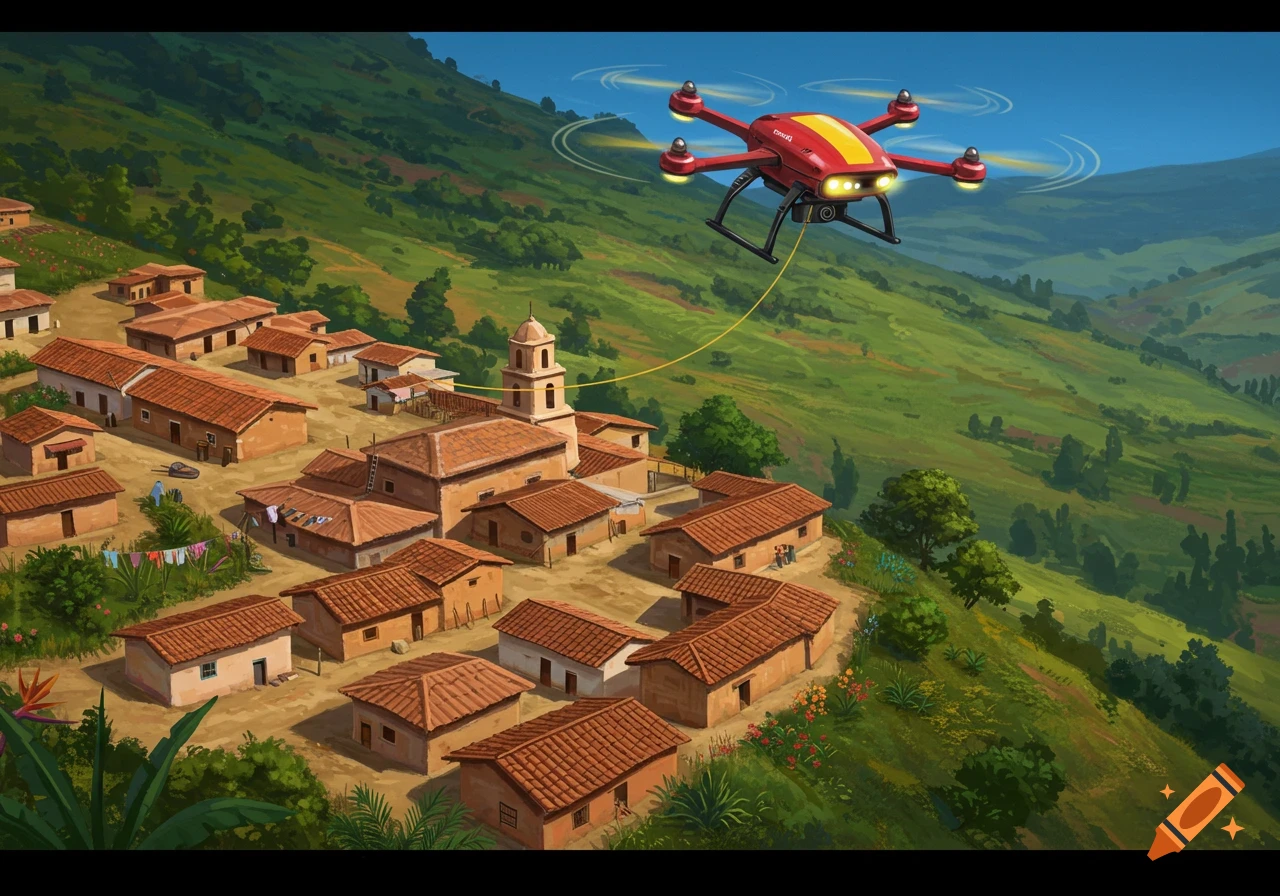 An aerial view of a red quad-copter drone flying over a vibrant, green South American village nestled in a valley.