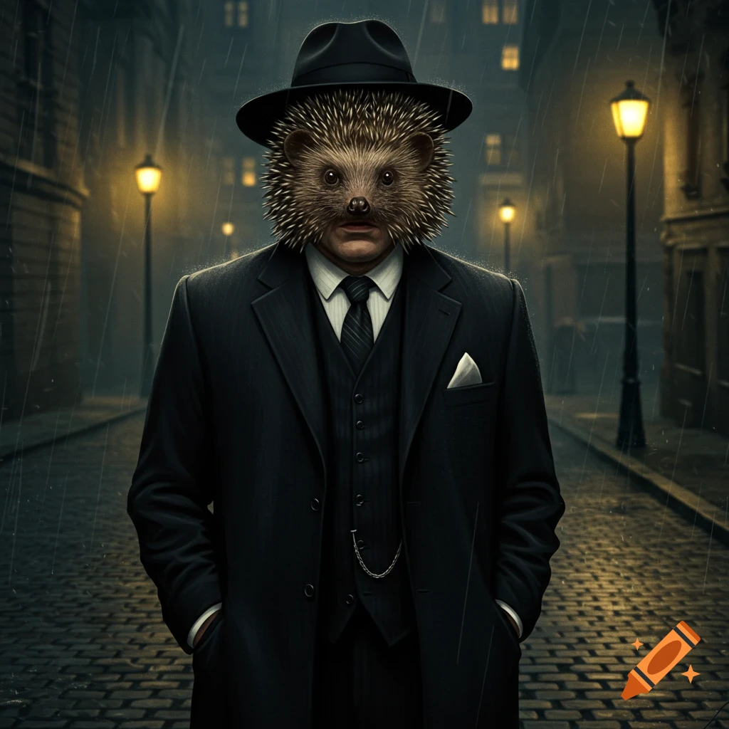 A man with a hedgehog head in a black suit and fedora stands on a rainy ...