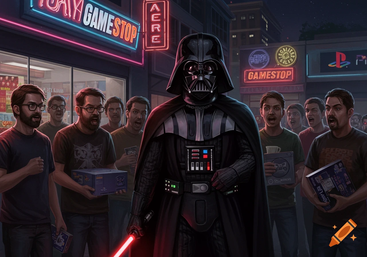 Darth Vader stands in front of a GameStop at night, holding a red lightsaber, surrounded by excited gamers holding game boxes.