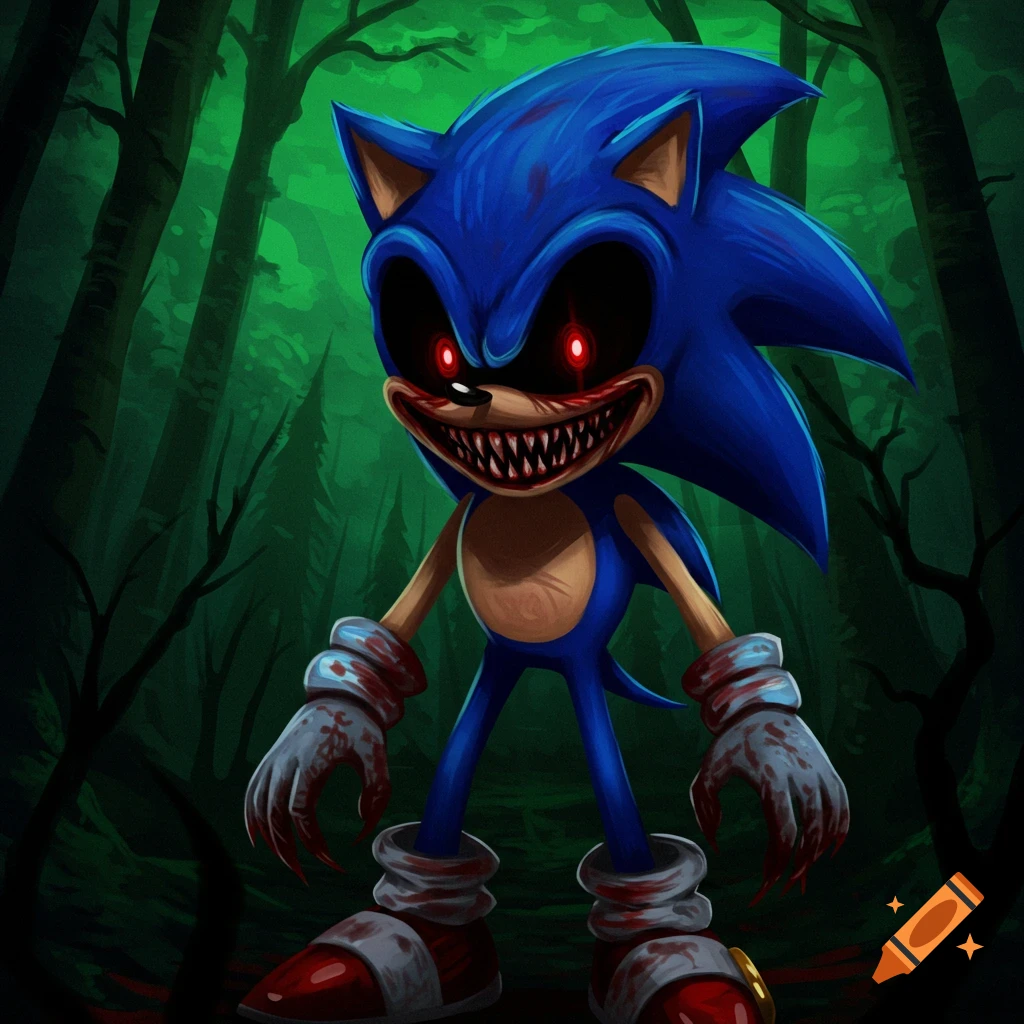 A terrifying Sonic.exe stands in a dark forest, with glowing red eyes, jagged teeth, and blood-stained hands and shoes.