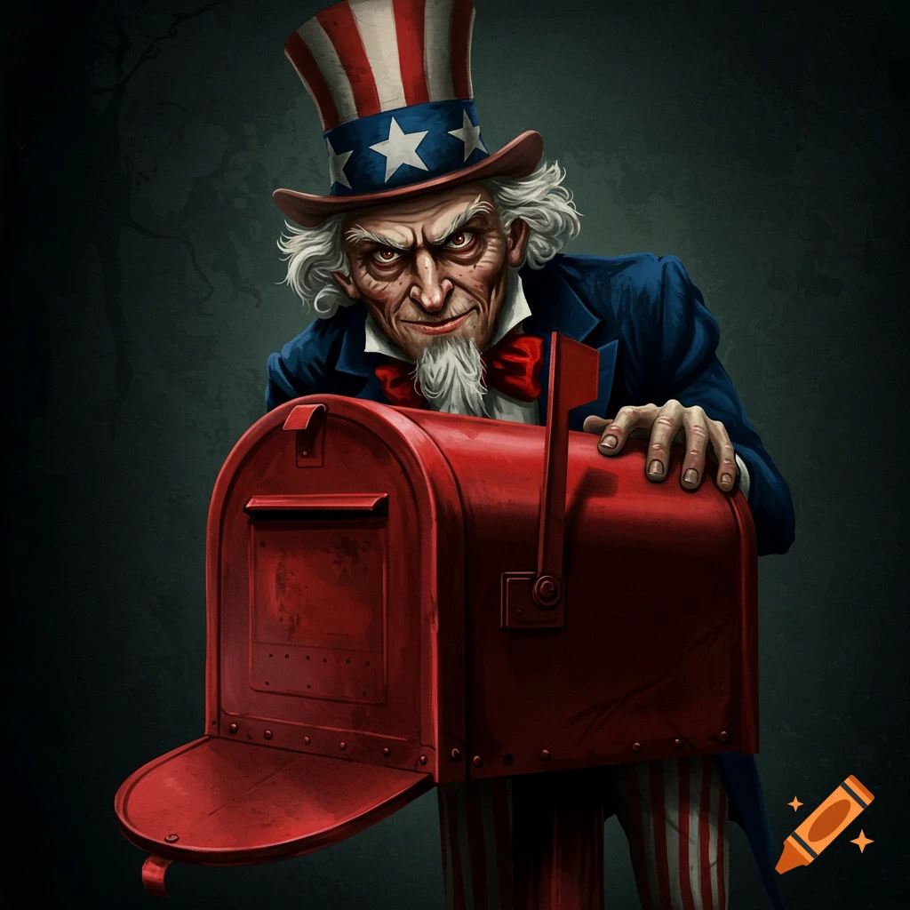 A menacing illustration of Uncle Sam peering over a red mailbox.