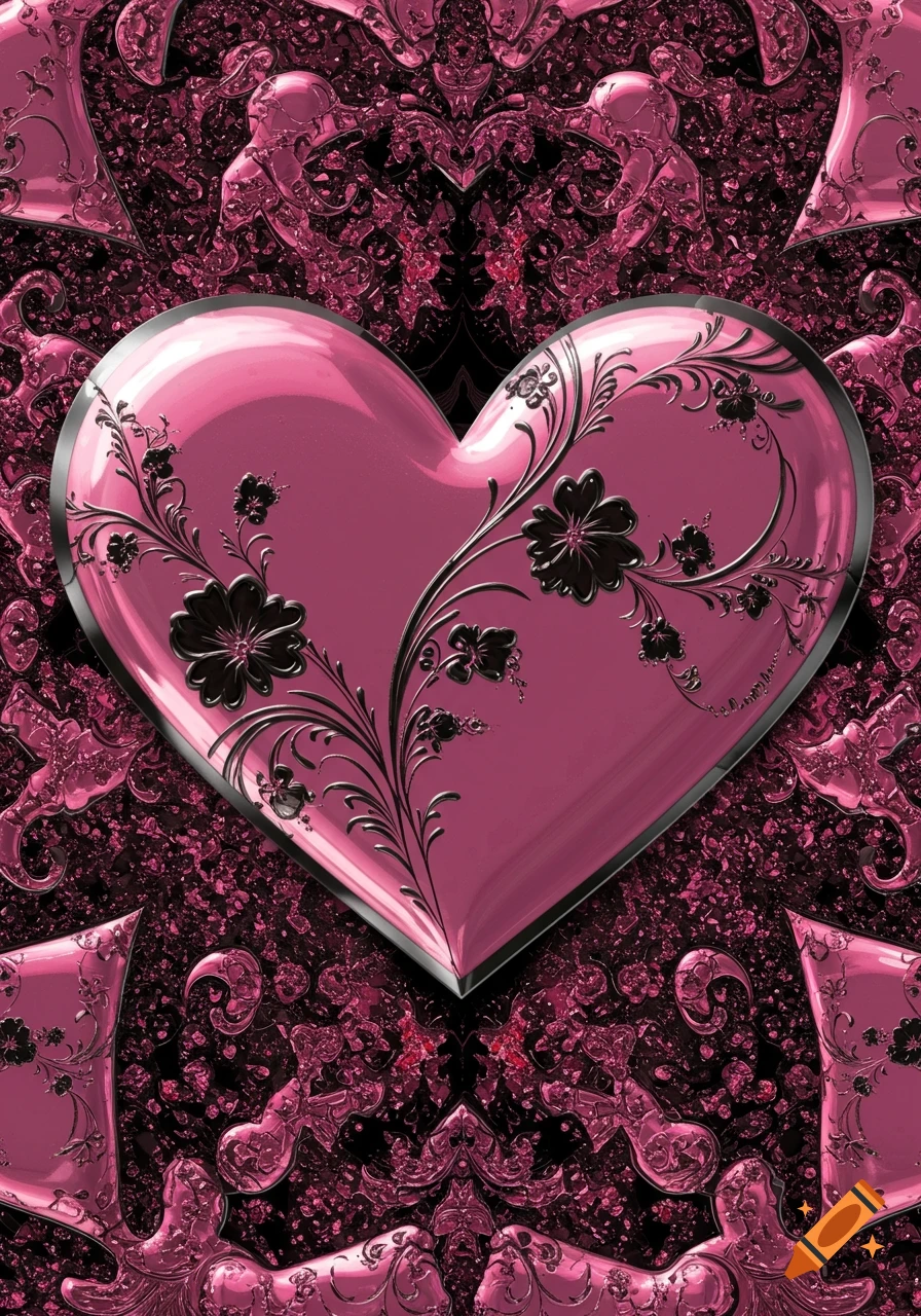 A glossy pink heart with black floral embellishments, set against a dark, ornate, abstract pink and black background in a digital art style.