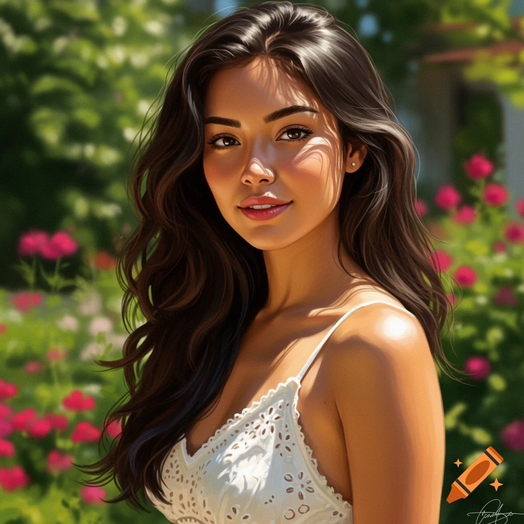A beautiful woman with long dark hair smiles outdoors, with lush green foliage and pink flowers in the background. Photorealistic style.