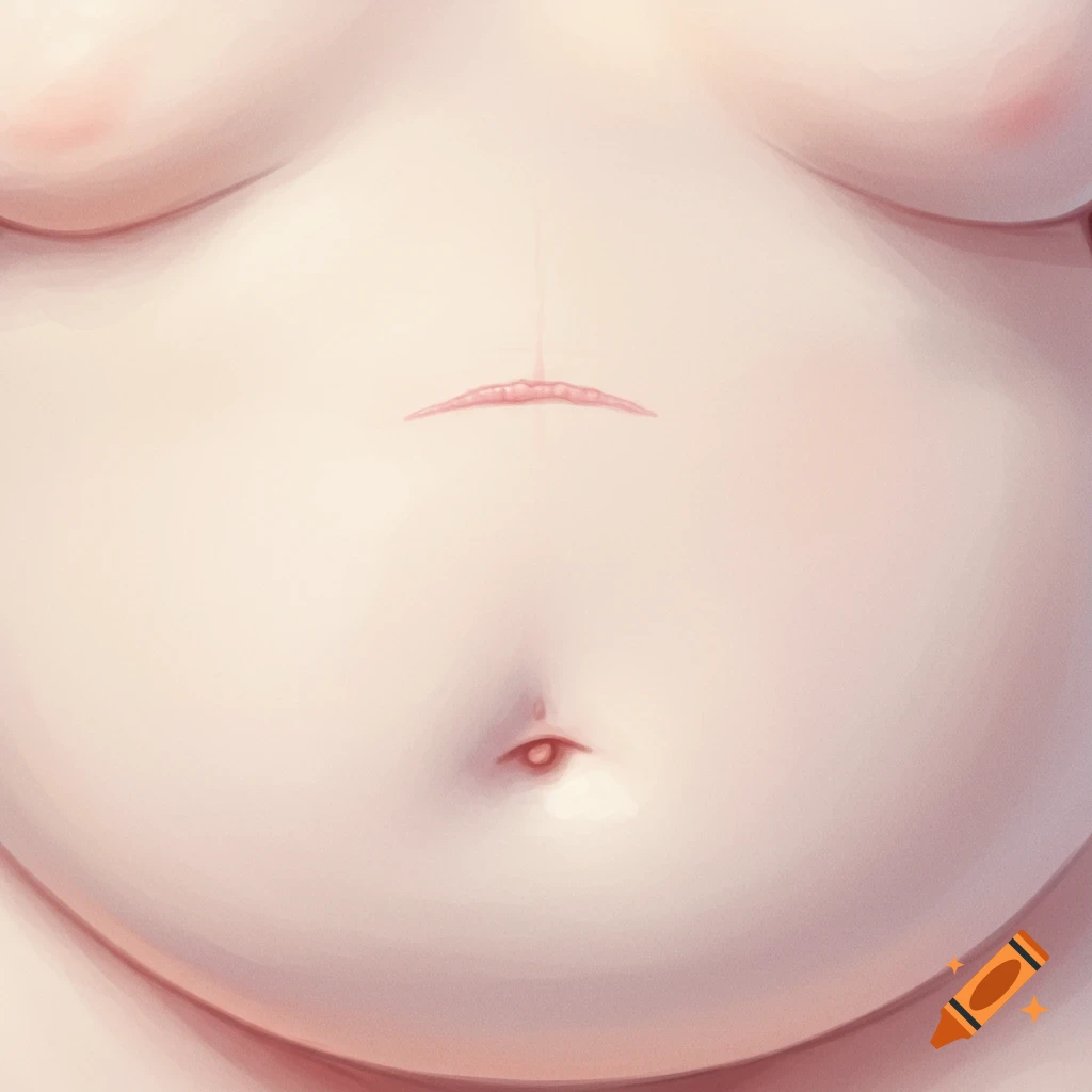 A close-up illustration of a plump, smooth belly with a small, eyebrow-like horizontal scar above the navel.
