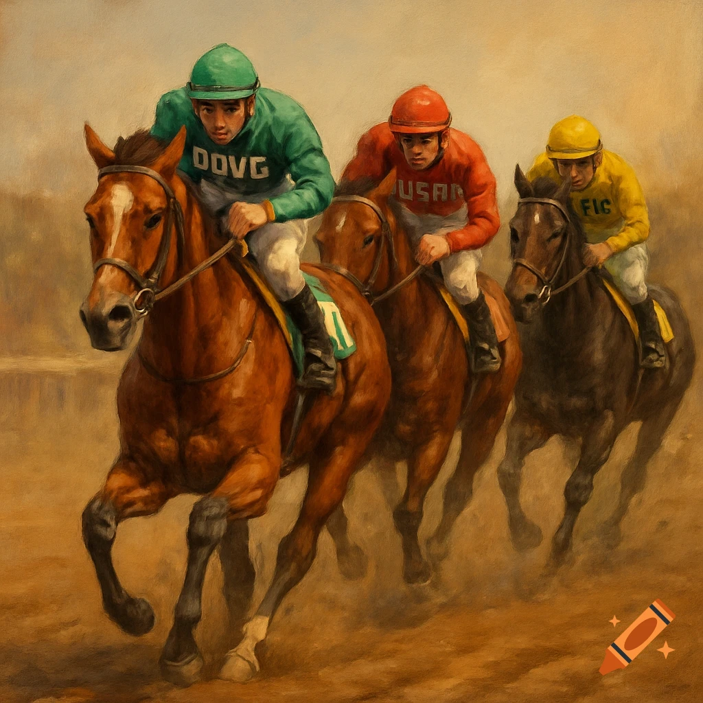 Three jockeys on horseback race neck-and-neck on a dirt track, depicted in a painterly style.