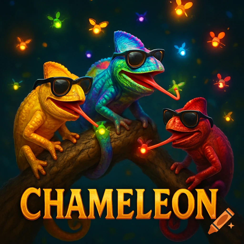 Three vibrant, cartoon chameleons with sunglasses on a branch, catching glowing fireflies. The game title 'CHAMELEON' is below.