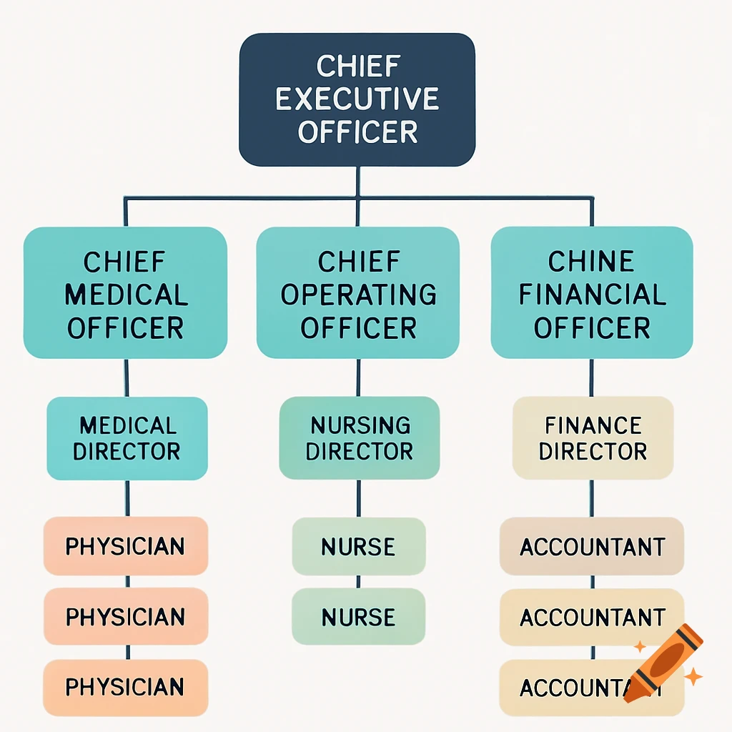 A colorful organizational chart for a healthcare company, showing roles like CEO, Medical Officer, Operating Officer, Financial Officer, Directors, Physicians, Nurses, and Accountants.