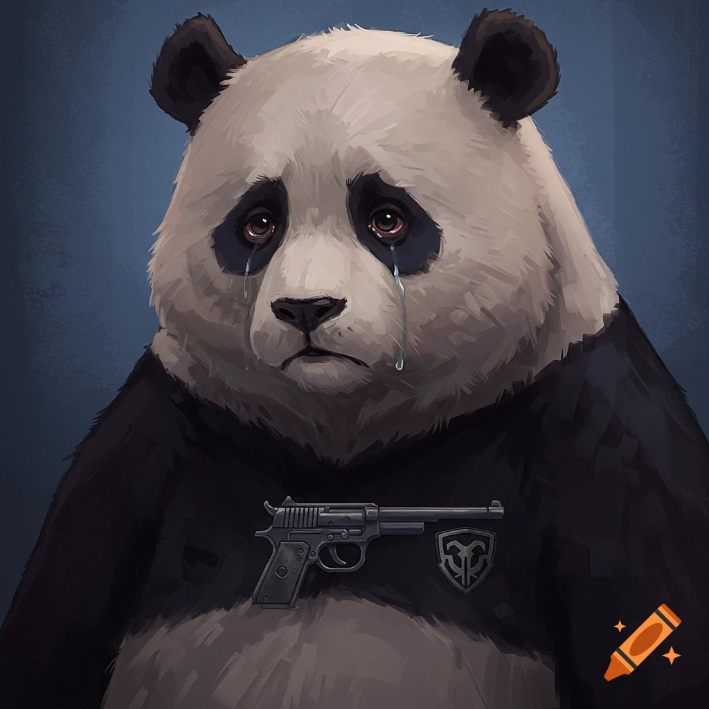 A detailed illustration of a sad, crying panda wearing a gun emblem on its chest.