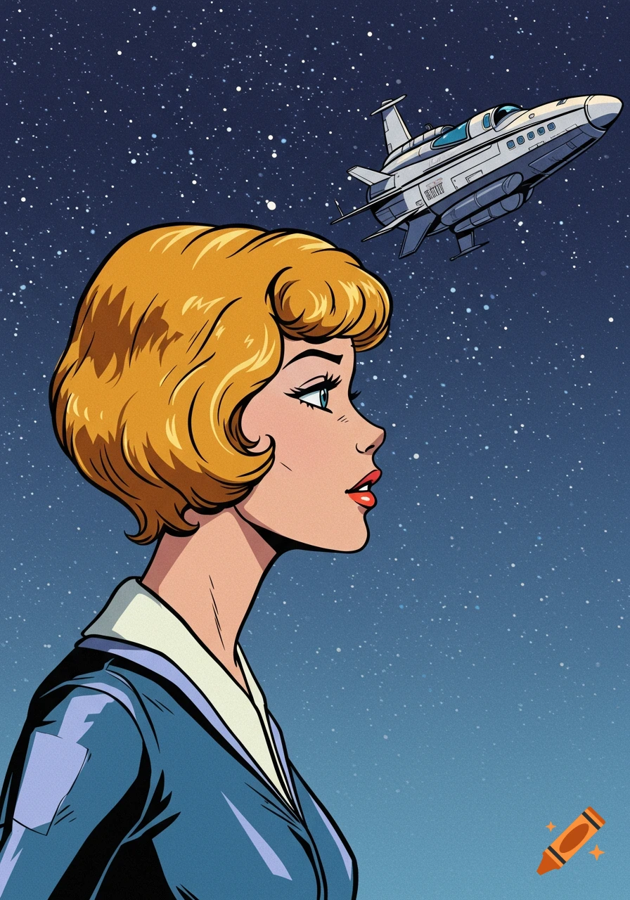 A woman with blonde hair in a pop art style looks up at a spaceship flying in a starry night sky.