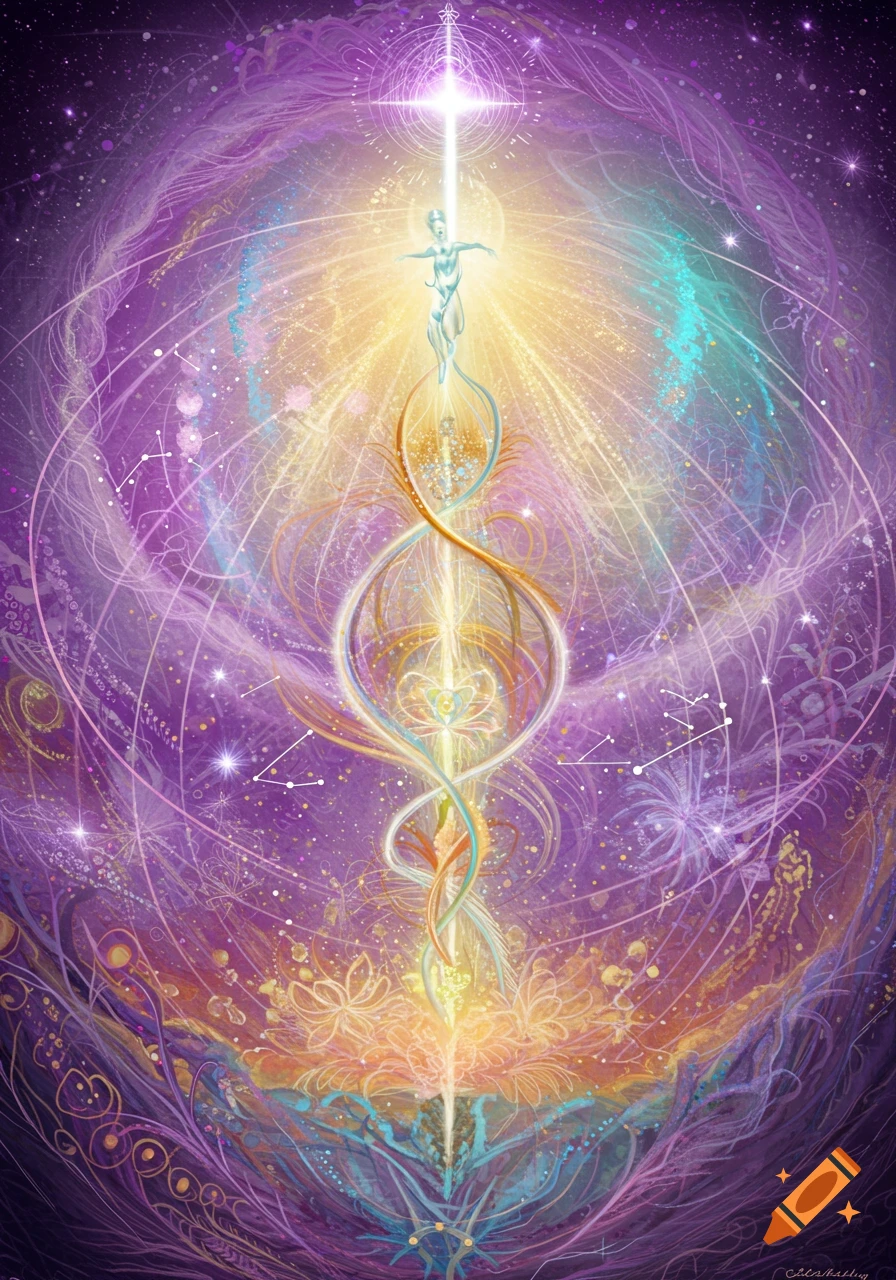 An abstract, spiritual image of a glowing figure emanating light, surrounded by swirling purple and gold cosmic energies, stars, and organic patterns.