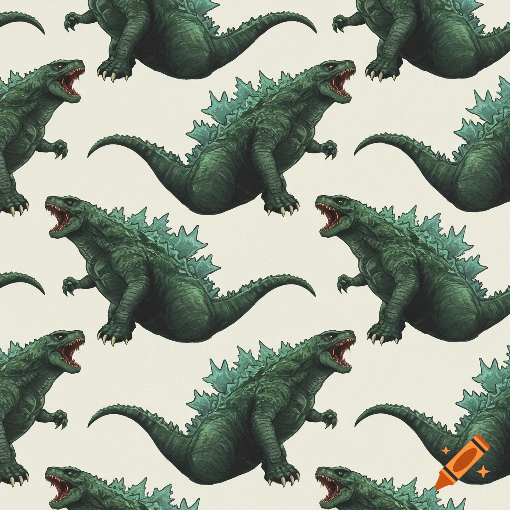 A seamless pattern featuring green Godzilla monsters with light blue dorsal fins on a light background.