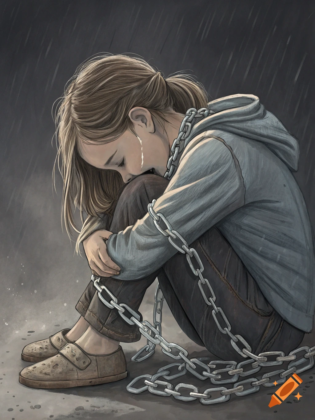 An illustration of a young girl sitting hunched over, crying in the rain, with metal chains wrapped around her body.