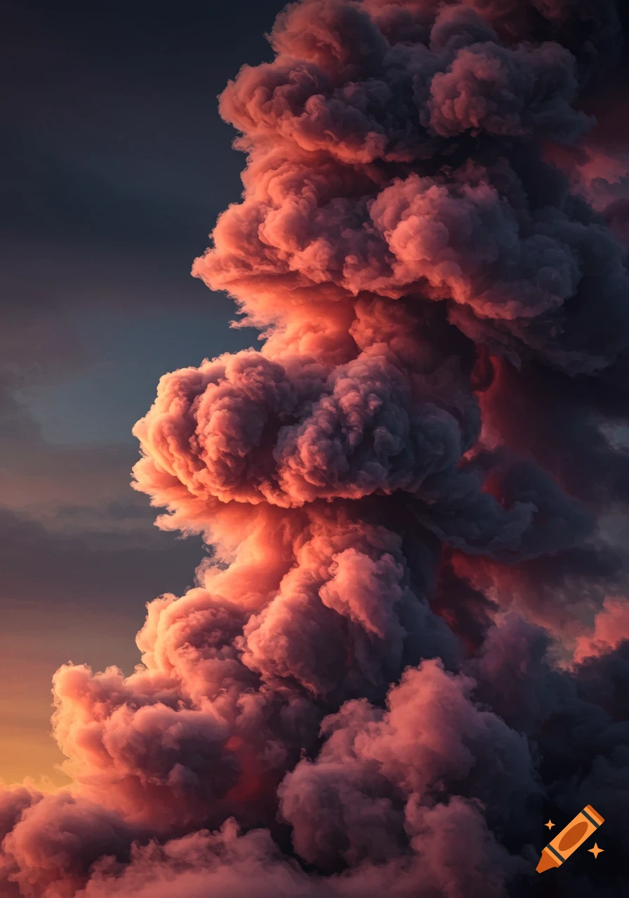 A massive, turbulent plume of reddish-orange and dark gray clouds against a dark sky.