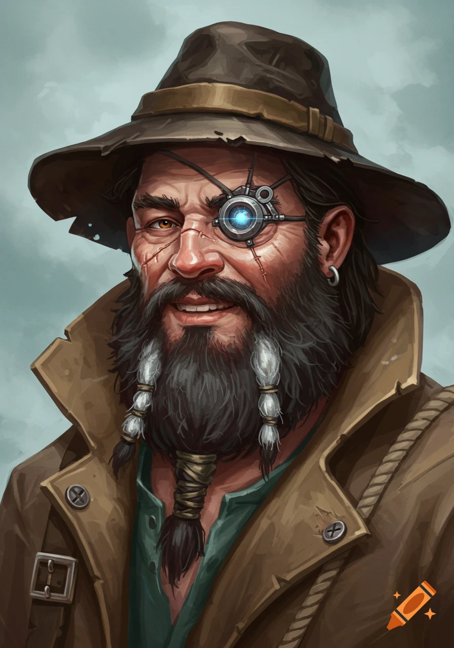 Close-up illustration of a weathered man with a dark beard, a brown hat, facial scars, and a glowing mechanical eye.