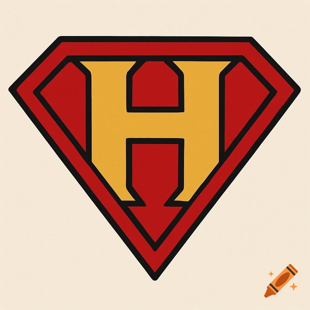 A red diamond-shaped superhero logo with a yellow stylized capital letter H inside, outlined in black.