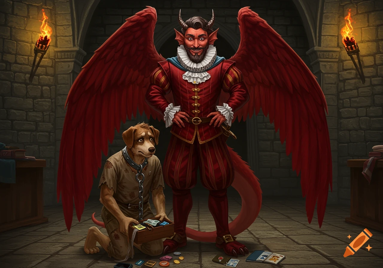 A regal red-winged demon-like man in a medieval chamber stands over a sad, kneeling anthropomorphic dog in rags with a chained collar, holding a box of modern items.