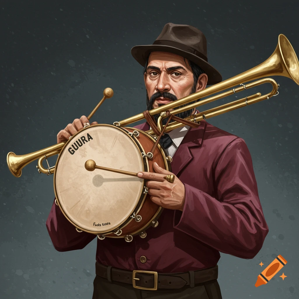 A man in a fedora and suit holds a large, unique instrument that combines a drum and a trumpet.