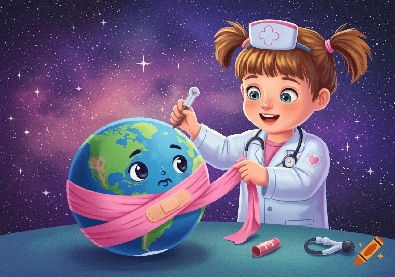 A smiling cartoon girl dressed as a doctor treats a sad cartoon Earth, wrapping it in a pink bandage. They are against a starry space background.