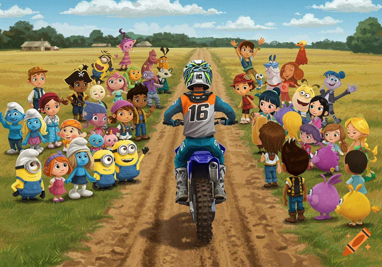 A child on a dirt bike, seen from behind, rides on a dirt path through a field, while a large group of various animated cartoon characters wave from the sides.