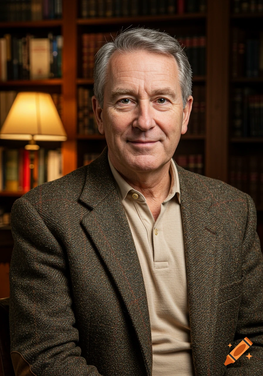 Photorealistic portrait of a middle-aged man with gray hair, wearing a brown tweed jacket and polo shirt, smiling in a library.