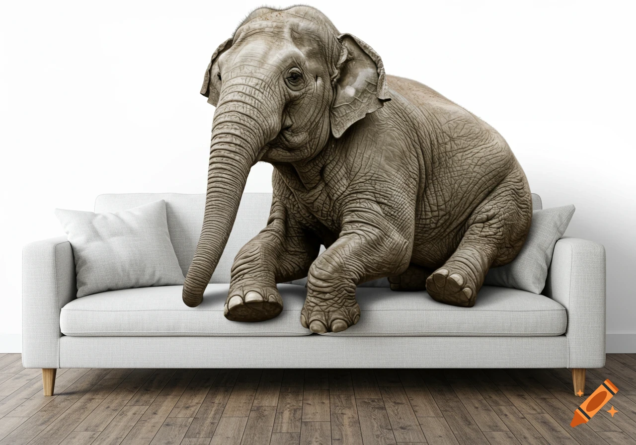 A realistic elephant sits on a white modern sofa with light grey pillows in a room with a white wall and wooden floor.