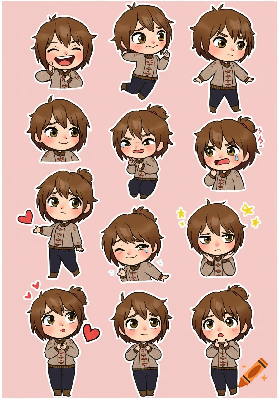 A set of 12 chibi-style cartoon characters with various expressions, including happy, angry, crying, and surprised, on a pink background.