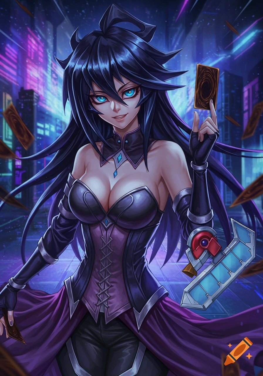 A dark-haired anime woman in a corset with a Duel Disk and a card, in a futuristic city.