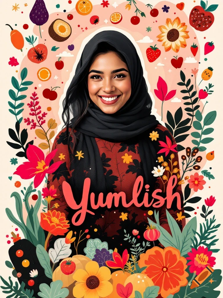 A smiling woman in a black hijab and patterned shirt is surrounded by colorful, playful illustrations of flowers and fruits. The word "Yumlish" is prominently displayed in coral script on her shirt.