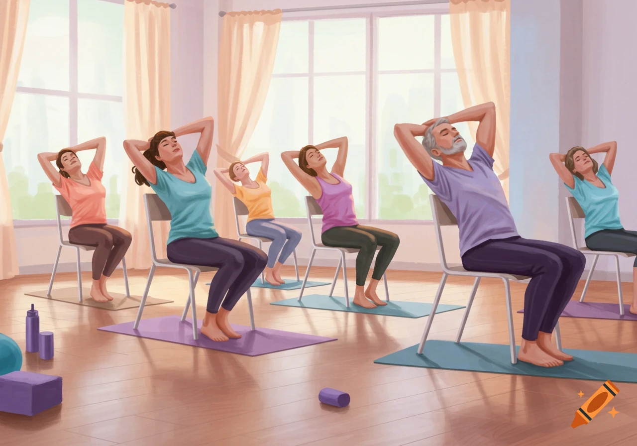 People of various ages doing chair yoga neck stretches in a sunny studio.