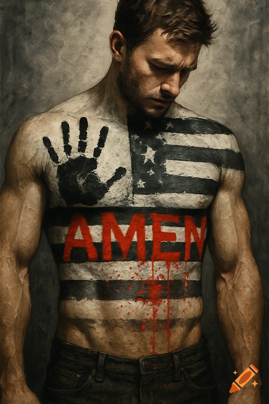 Shirtless man with a black and white American flag painted on his chest, including a handprint and 'AMEN' in red paint with splatters.