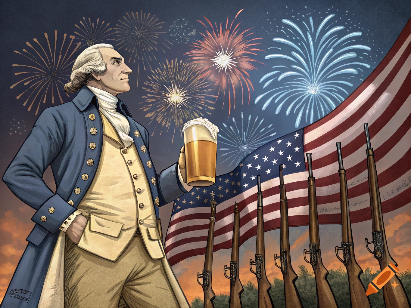 Illustration of George Washington holding a beer against a backdrop of fireworks, an American flag, and rifles.