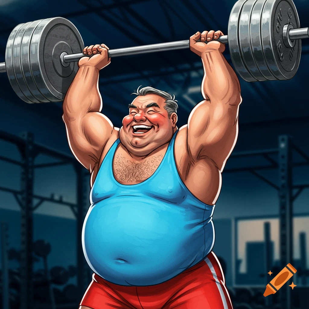 A cheerful, muscular man with a large belly, wearing a blue tank top and red shorts, lifts a heavy barbell overhead in a cartoon style.
