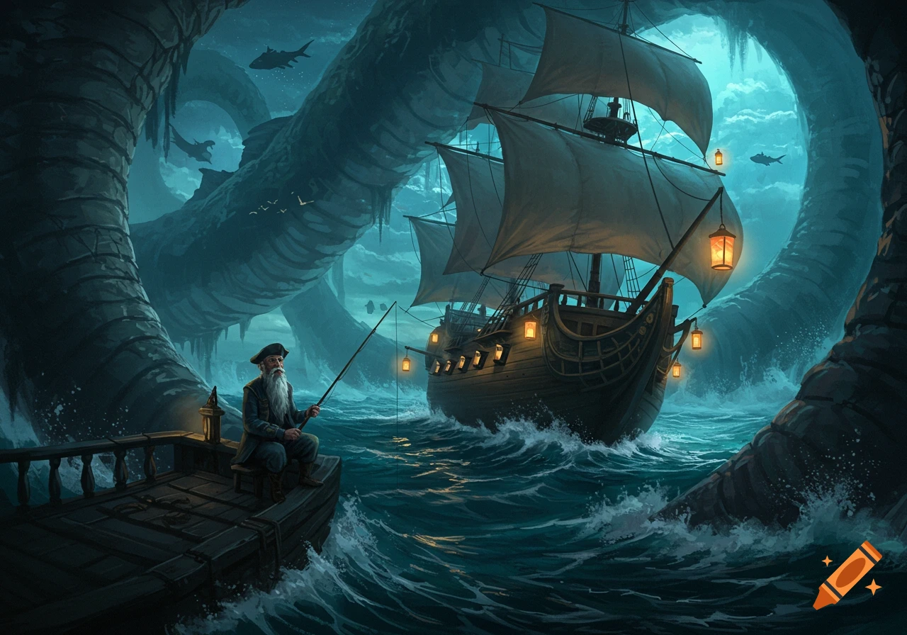 An old man with a long white beard fishes from a small boat next to a large, lantern-lit ship, inside a dark, cavernous sea beast.