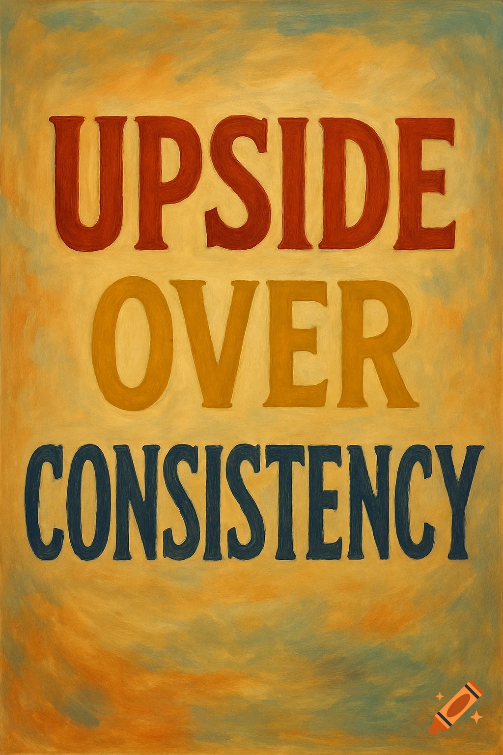 A painted image with the words 'UPSIDE OVER CONSISTENCY' in red, yellow, and blue on a textured yellow and orange background.