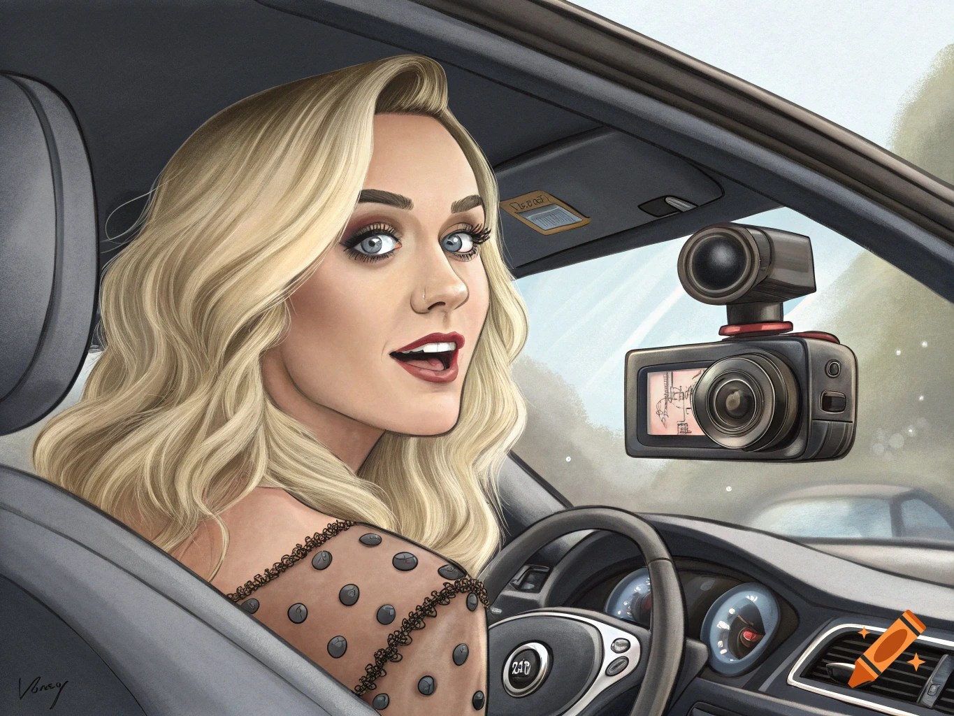 Illustration of a blonde woman resembling Katy Perry looking over her shoulder in a car with a large dashcam visible.