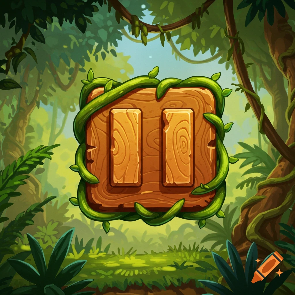 A cartoonish wooden pause symbol entwined with green vines, set against a vibrant jungle background.