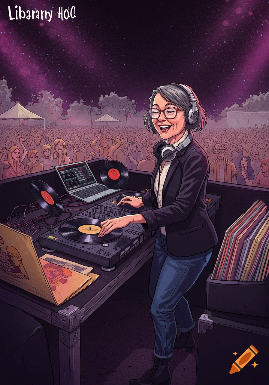 An older woman with grey hair and glasses DJs at an outdoor music festival with a crowd in the background, illustrated in a cartoon style.