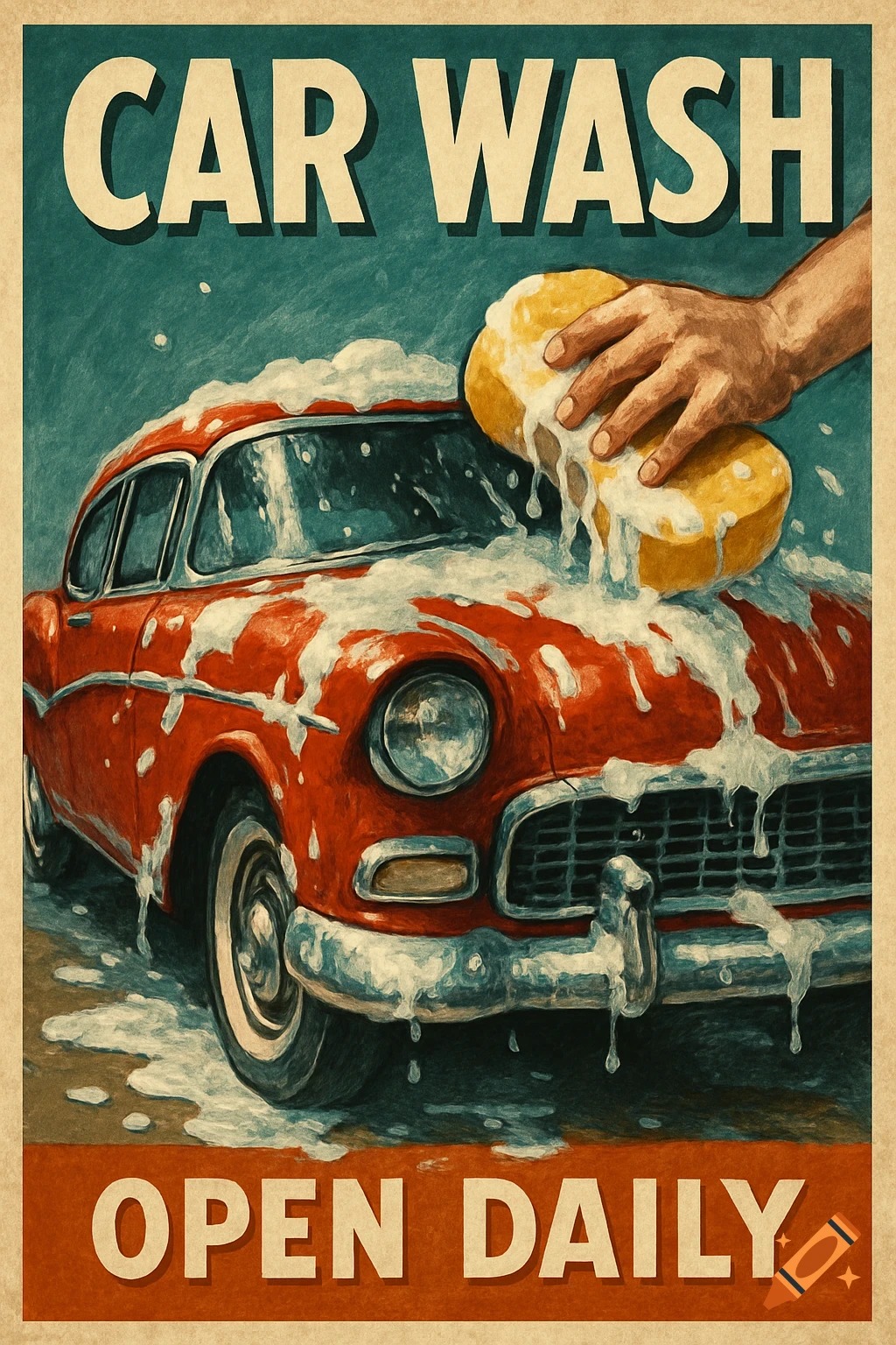 A vintage-style advertisement poster showing a red car being washed by a hand holding a sponge, with text 'CAR WASH' and 'OPEN DAILY'.