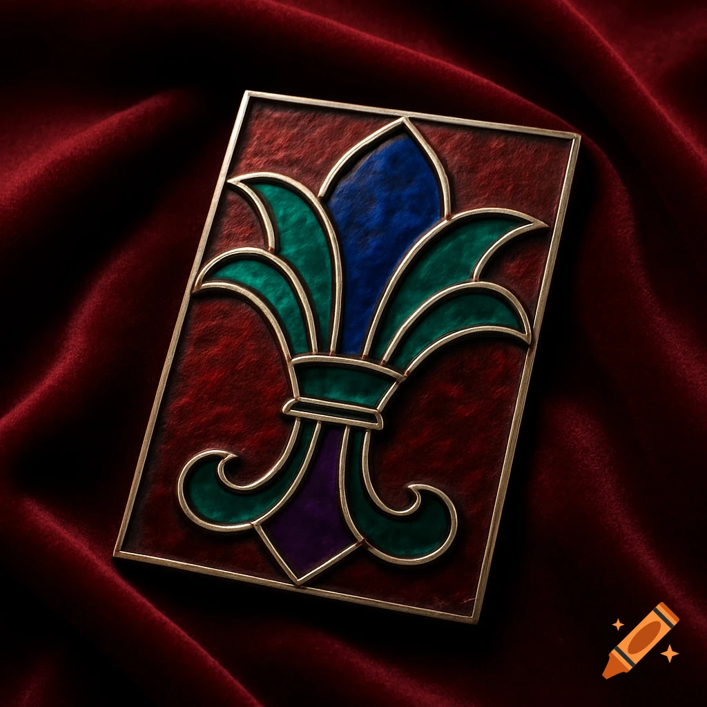 A stylized fleur-de-lis and lotus flower stained glass piece with emerald, sapphire, and amethyst tones, set on a luxurious maroon velvet background.
