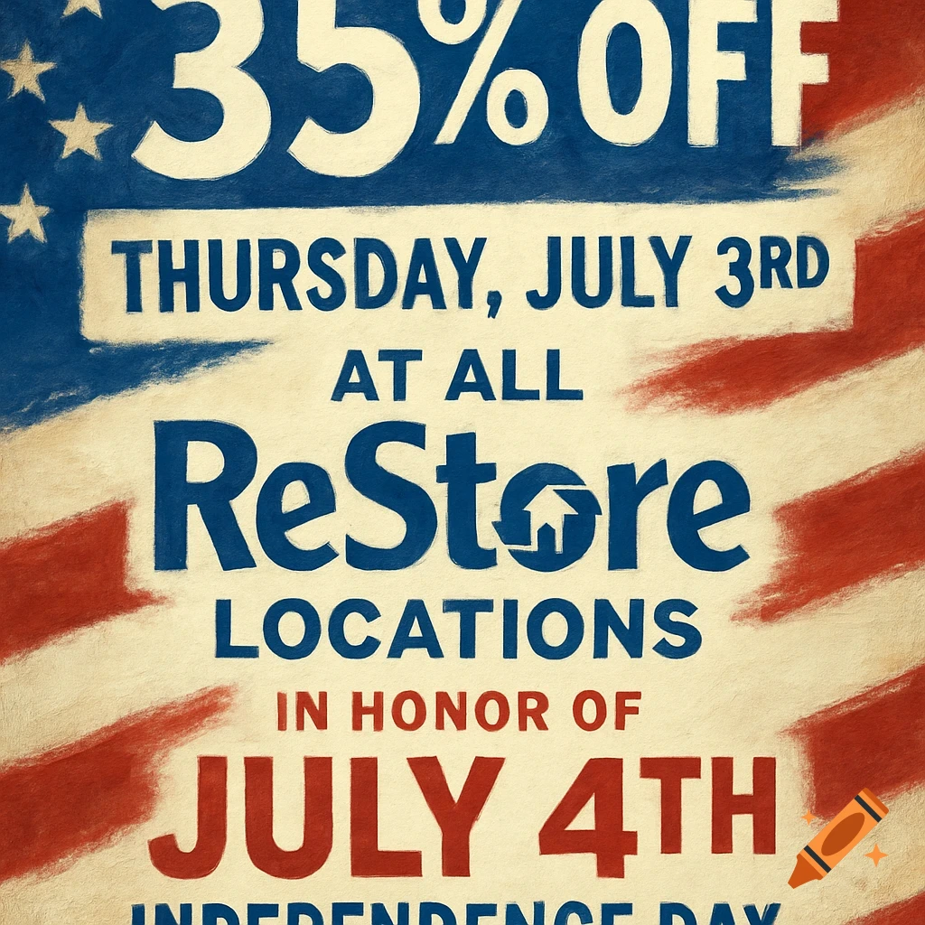 A vintage-style patriotic ad poster for 35% off at ReStore on July 3rd for July 4th, featuring red, white, and blue colors and stars.