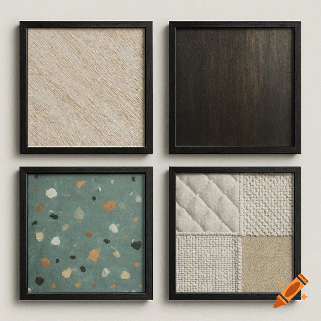 Four framed square images displaying various material textures: light wood, dark wood, terrazzo, and a fabric collage.