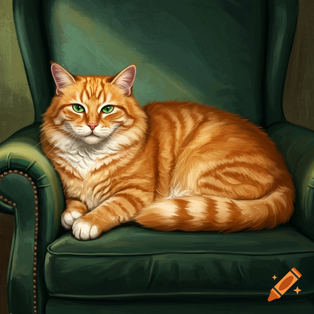 A fluffy orange tabby cat with green eyes lies on a dark green armchair, in a digital painting style.
