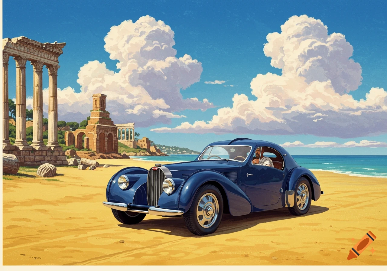 A blue vintage Bugatti car parked on a sandy beach next to ancient Roman ruins under a blue sky with fluffy clouds, in an illustrative style.