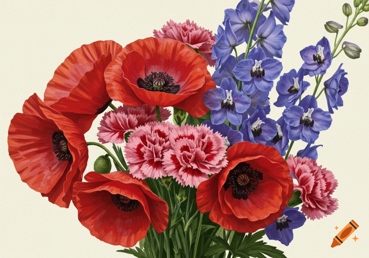 A vibrant bouquet of red poppies, pink carnations, and blue larkspur flowers in a botanical illustration style.