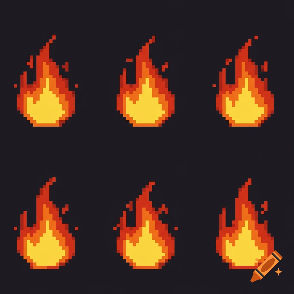 Six identical pixel art flame sprites on a dark background.