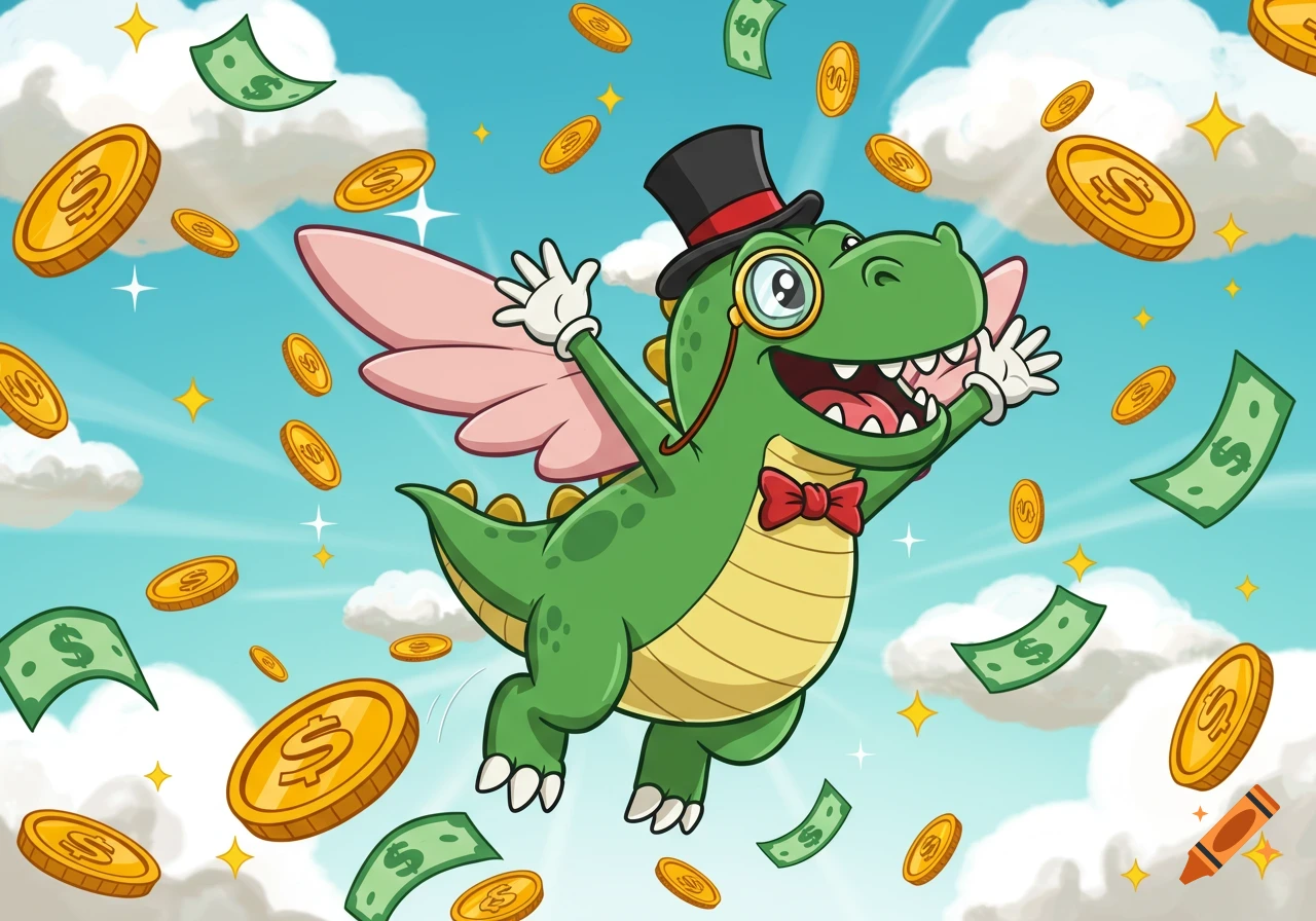 A cheerful cartoon green dinosaur wearing a top hat and bow tie flies, surrounded by falling gold coins and dollar bills, against a blue sky.