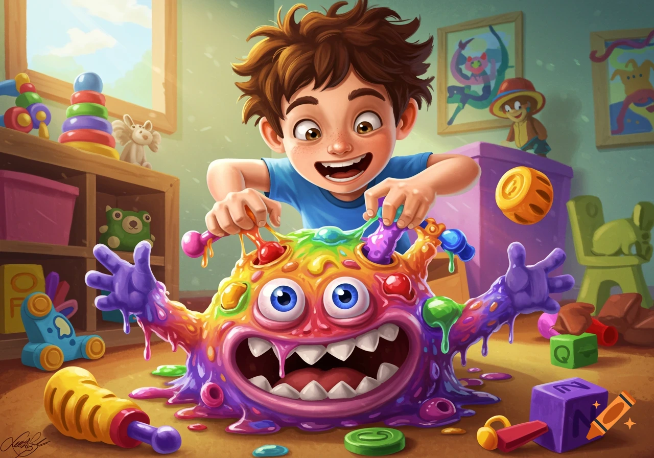 A happy boy with brown curly hair plays with a vibrant, rainbow-colored, gooey monster toy on the floor of a brightly lit room filled with various toys and building blocks.