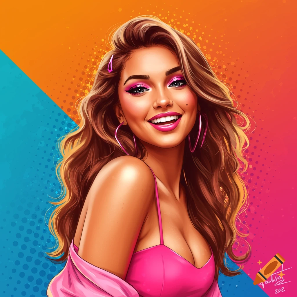 A vibrant digital art portrait of a smiling woman with long brown hair, pink makeup, and a pink top against an orange, blue, and red background.