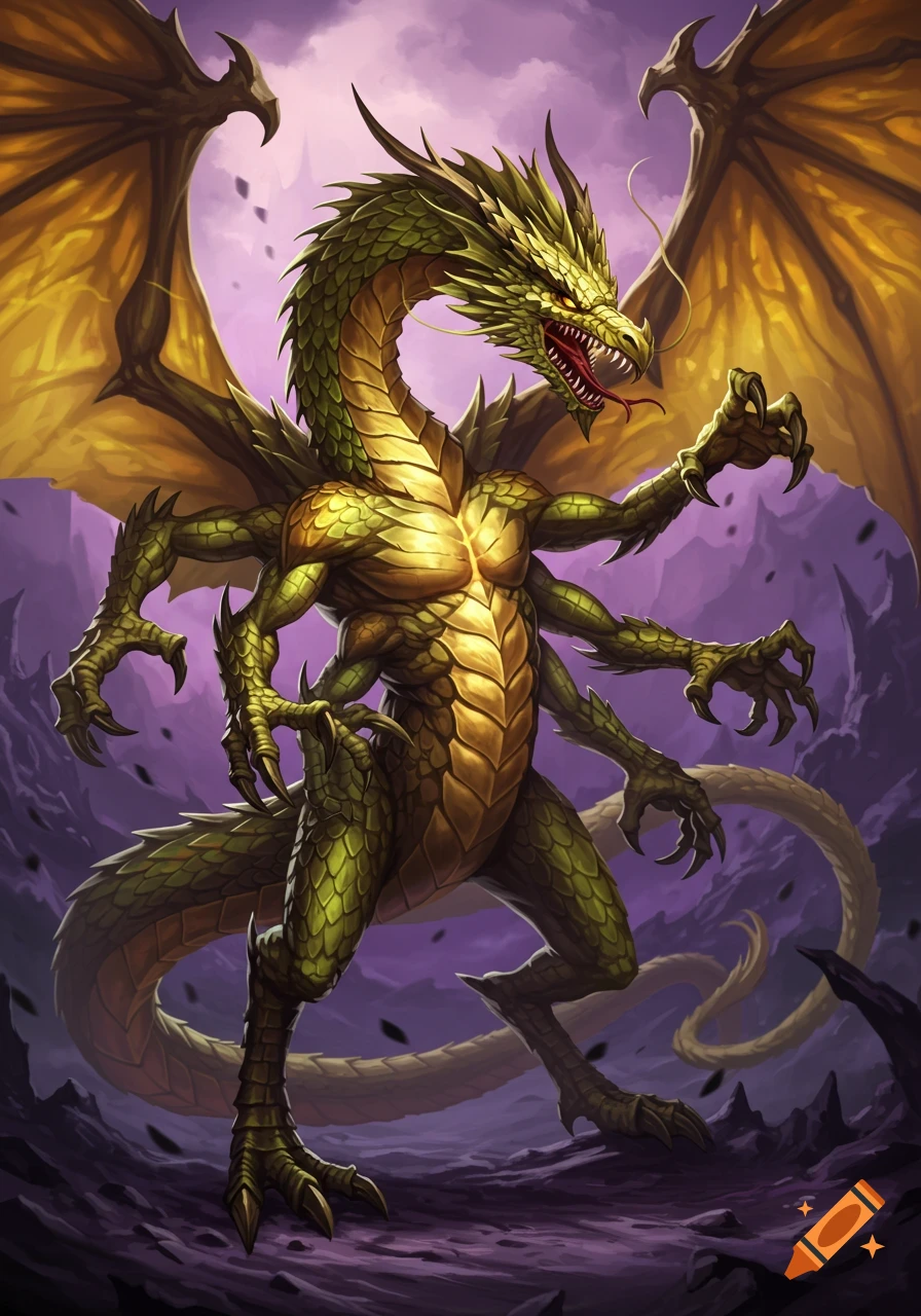 A powerful green and gold dragon with multiple limbs and large wings ...